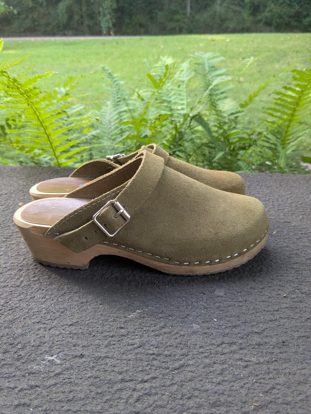 Olive Suede Slip-On Clog Mule with Adjustable Buckle